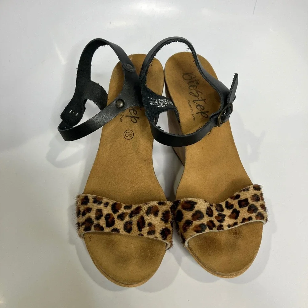 Biostep wedge Sandals calf hair animal print straps women's size 6.5 summer boho